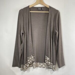 Chicos Travelers Womens Open Front Cardigan Size 1 US M Gray Chiffon Trim Preppy